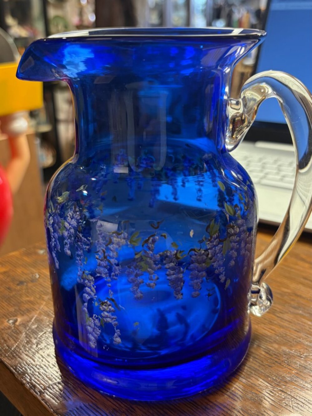 Signed Cobalt Blue Hand-Painted Floral Art Glass Pitcher